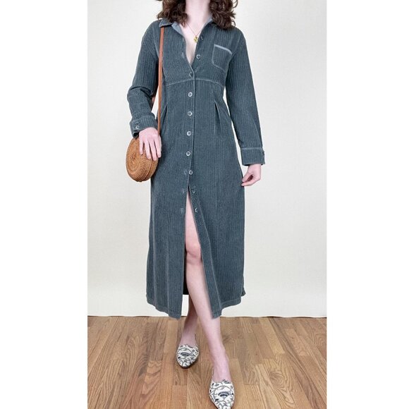 Vintage 90s Corduroy Midi Dress Long Duster Cardigan Jacket Coat Shacket 1990s - Picture 5 of 8